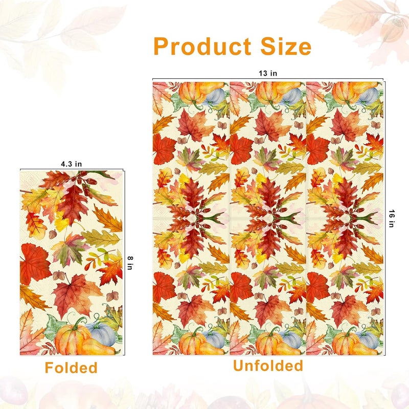 Tbsone 50-PK Fall Thanksgiving Paper Napkins: Disposable 3-Ply Guest Hand Towels with Pumpkin & Maple Leaf Design, Autumn Table Decor for Dinner, Luncheon, Bathroom, and Harvest Party - Image 2